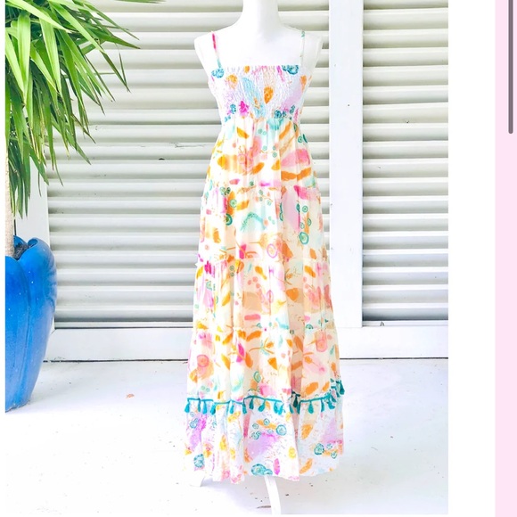 Gypsy Queen multi color maxi dress, tassel trim, smocked top, Small/Medium - Picture 2 of 9